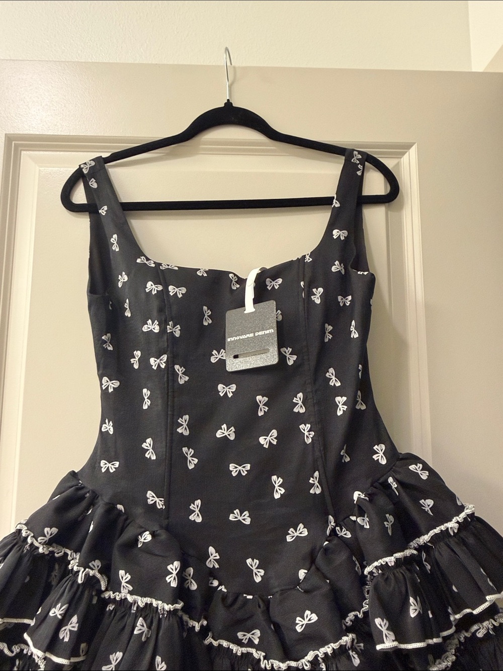 Black Ribbon Print Ruffle Mini Dress - Picture 6 of 6